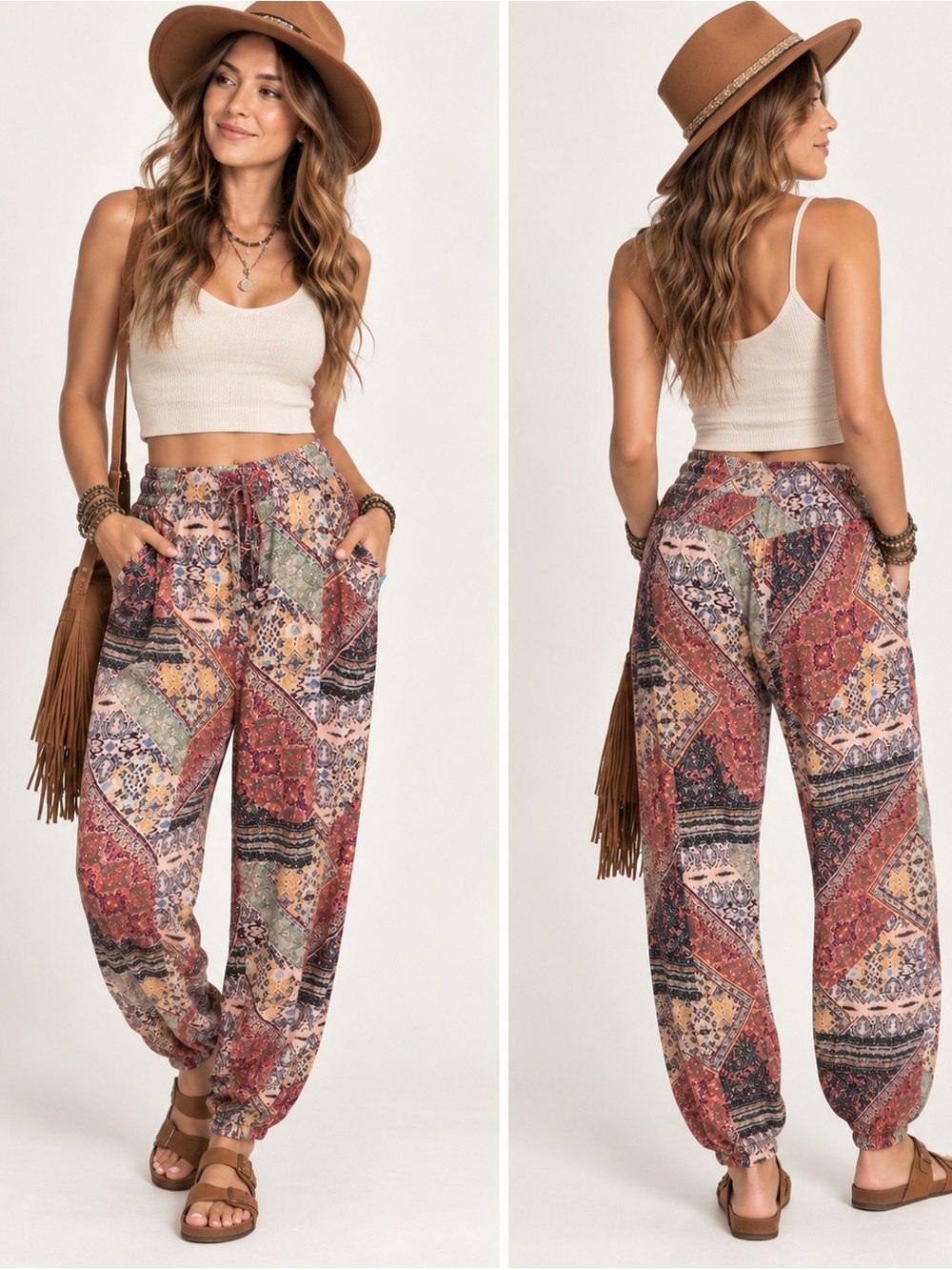 Mystree Multicolor Patchwork Print Bohemian Hippie Joggers Large